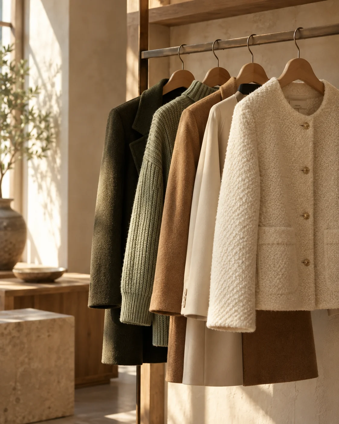 Una selezione di capi in lana e tessuti di qualità, nei toni avorio, cammello e verde, appesi in una boutique.